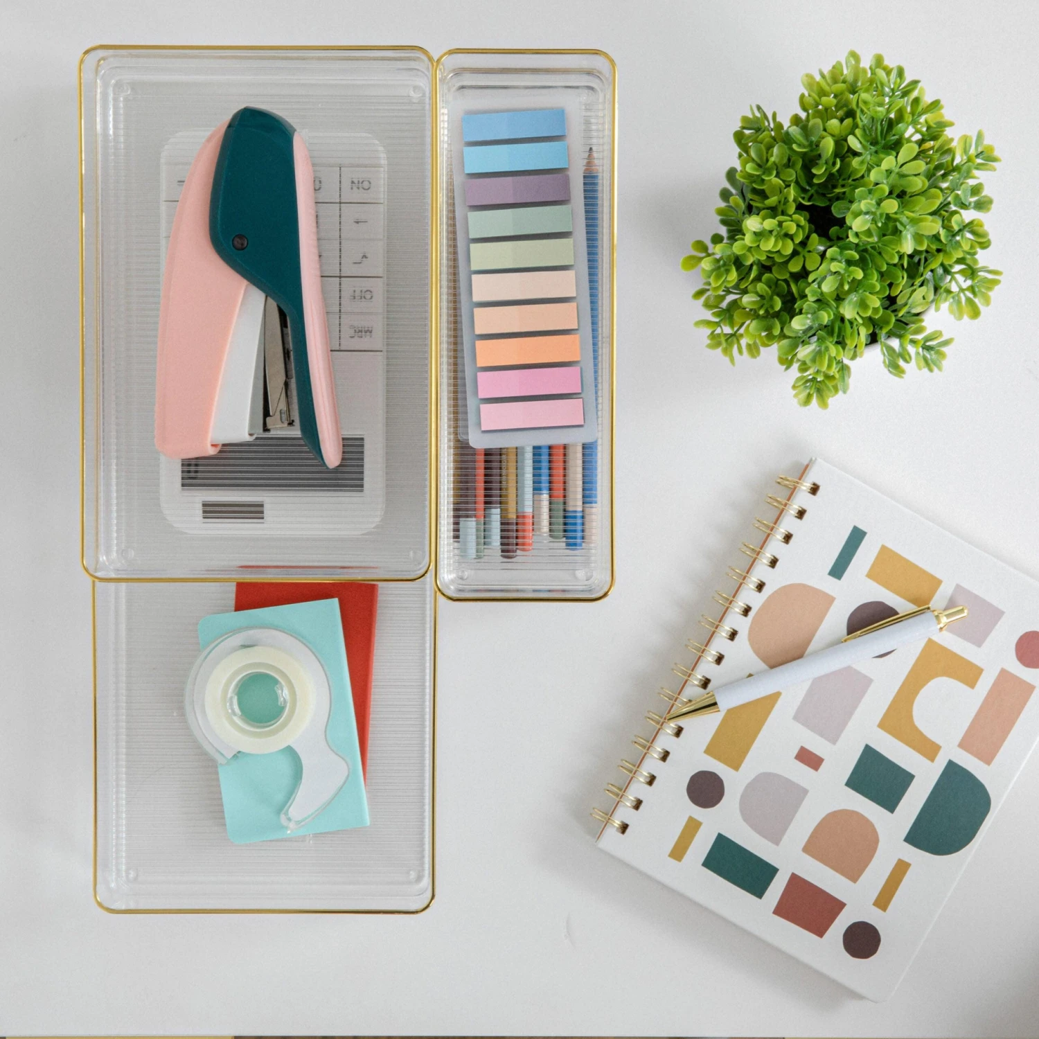 Kerry Plastic Stackable Office Desk Drawer Organizers With Metallic Trim, Various Sizes, Set Of 5 - Image 8