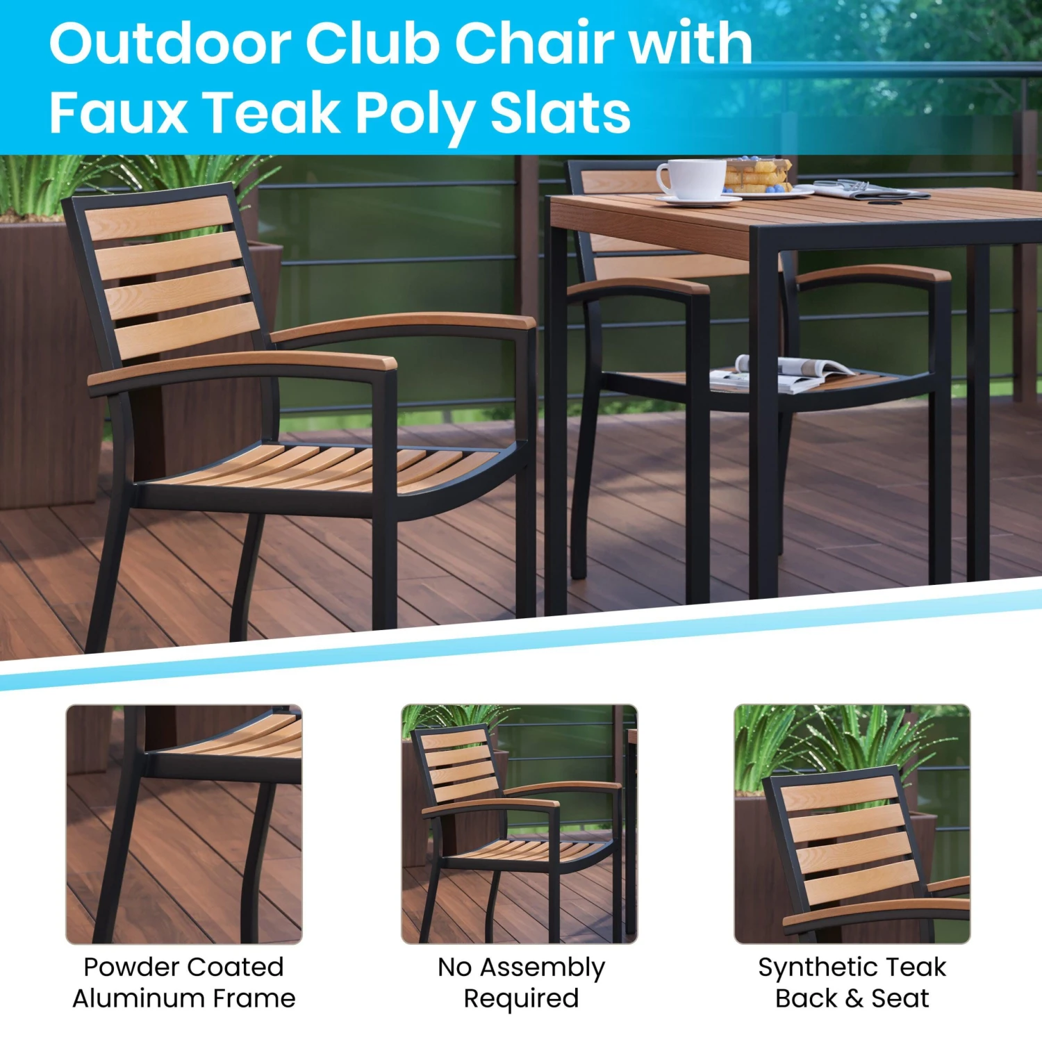 Flash Lark 3 Piece Outdoor Dining Table Set - Synthetic Teak Poly Slats - Lark 3Lark 5" Square Steel Framed Table With Umbrella Hole - 2 Club Chairs - Image 5