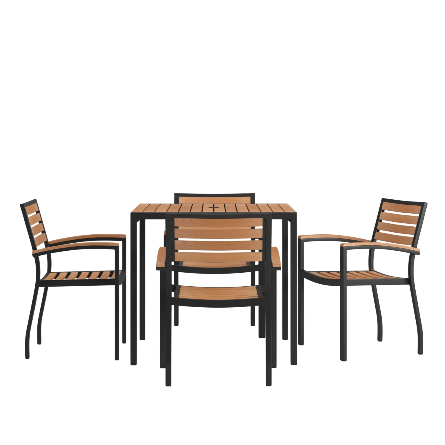 Flash Lark 5 Piece Outdoor Dining Table Set - Synthetic Teak Poly Slats - Lark 3Lark 5" Square Steel Framed Table With Umbrella Hole - 4 Club Chairs