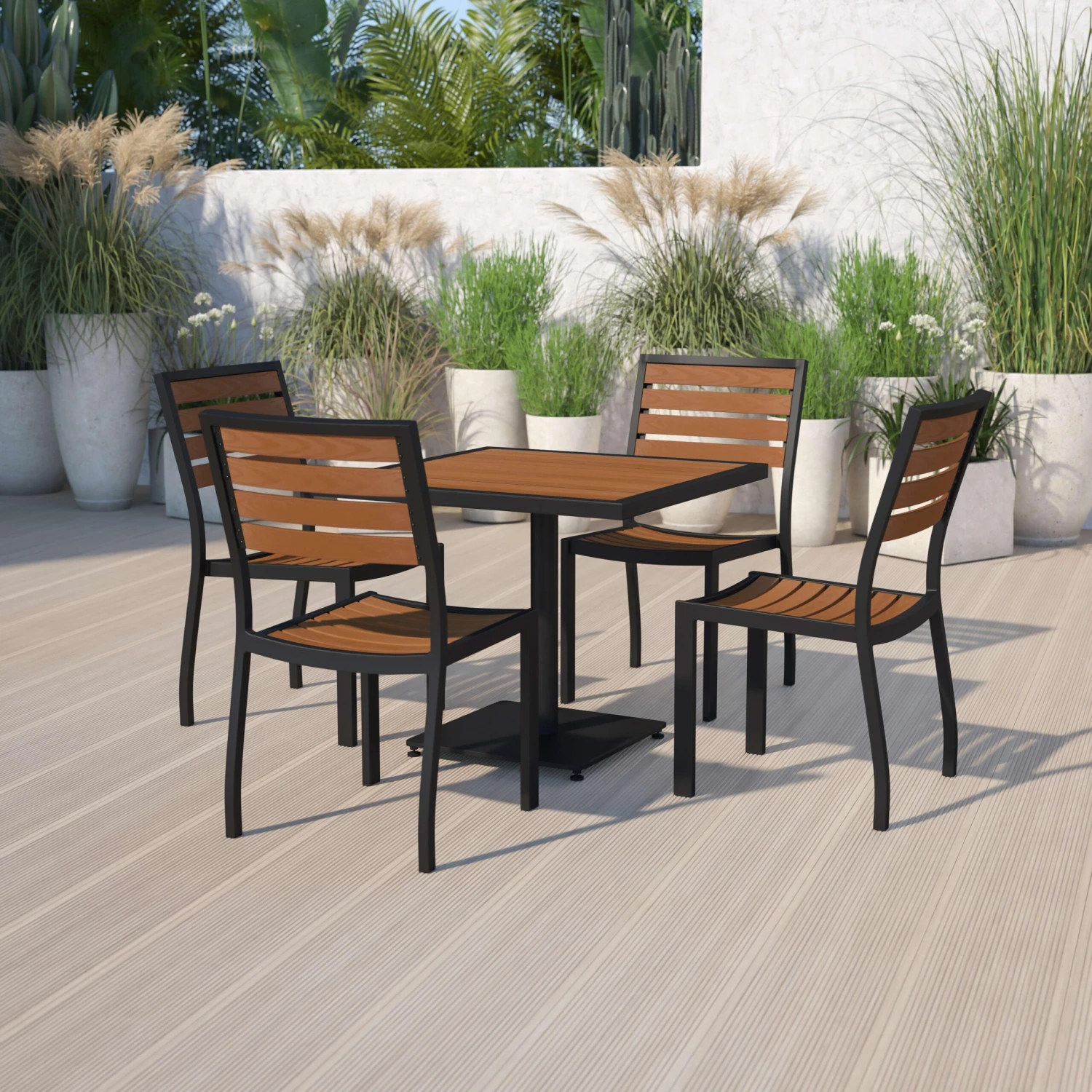 Flash Lark Outdoor Patio Bistro Dining Table Set With 4 Chairs And Faux Teak Poly Slats - Image 2