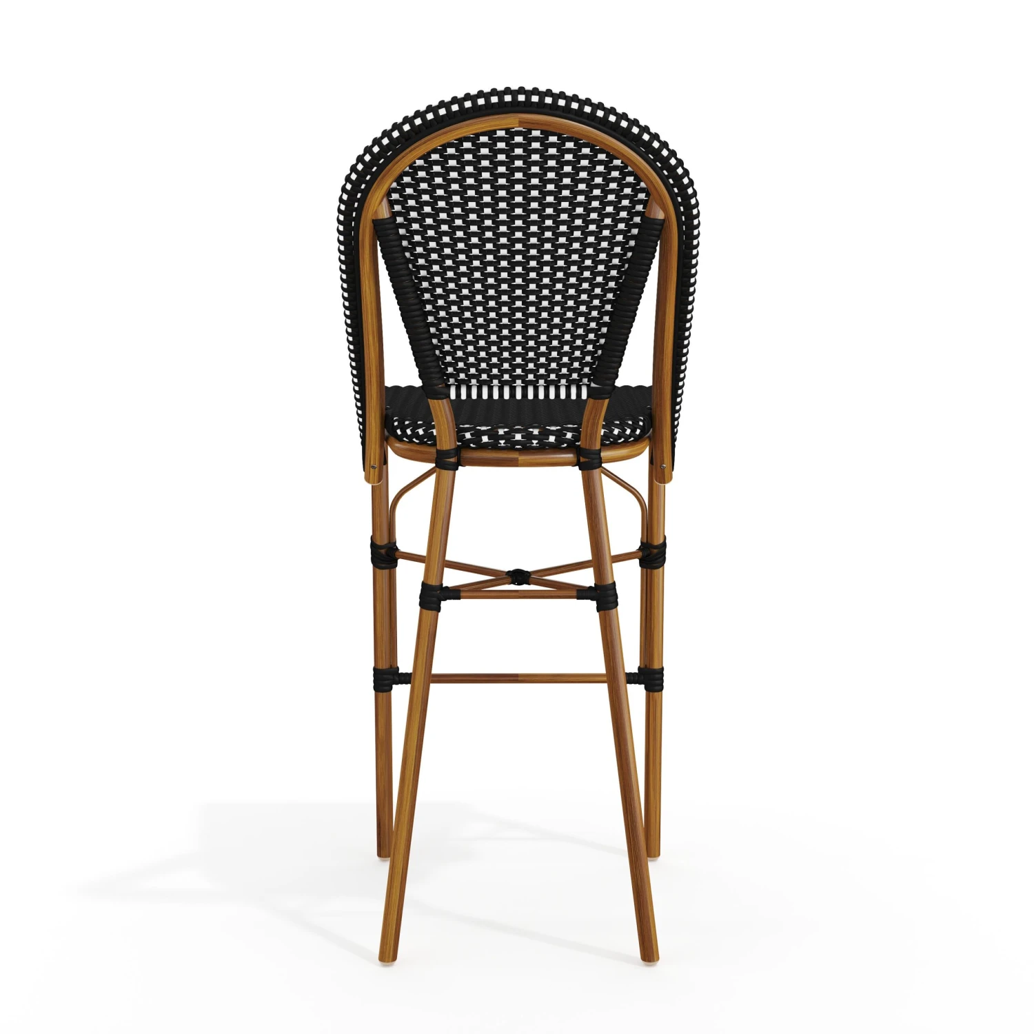 Lily Pond Indoor-Outdoor Stackable Bistro Bar Stool With Woodgrain Aluminum Finish Frame And Woven Rattan Back And Seat - Image 6