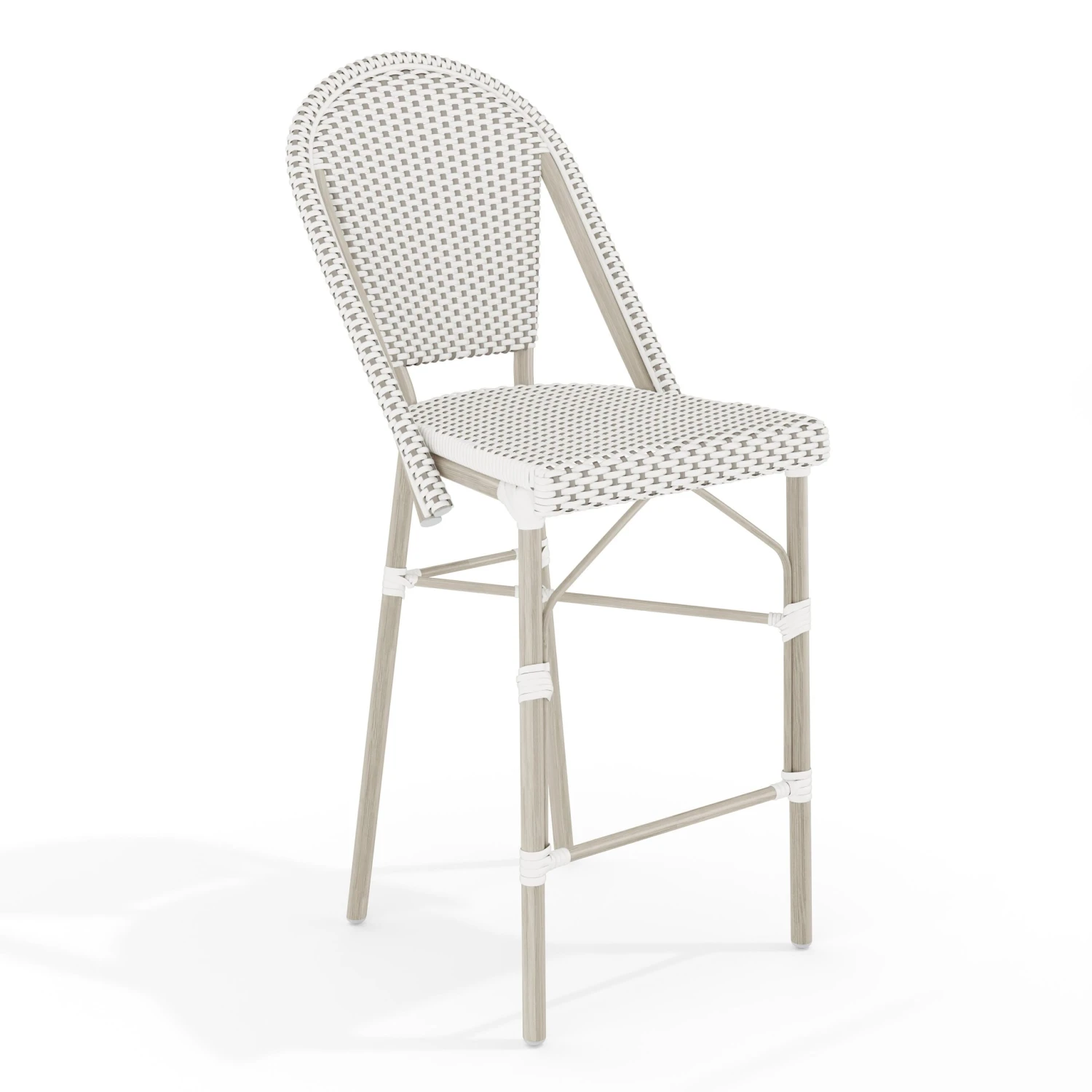 Lily Pond Indoor-Outdoor Stackable Bistro Counter Stool With Woodgrain Aluminum Finish Frame And Woven Rattan Back And Seat