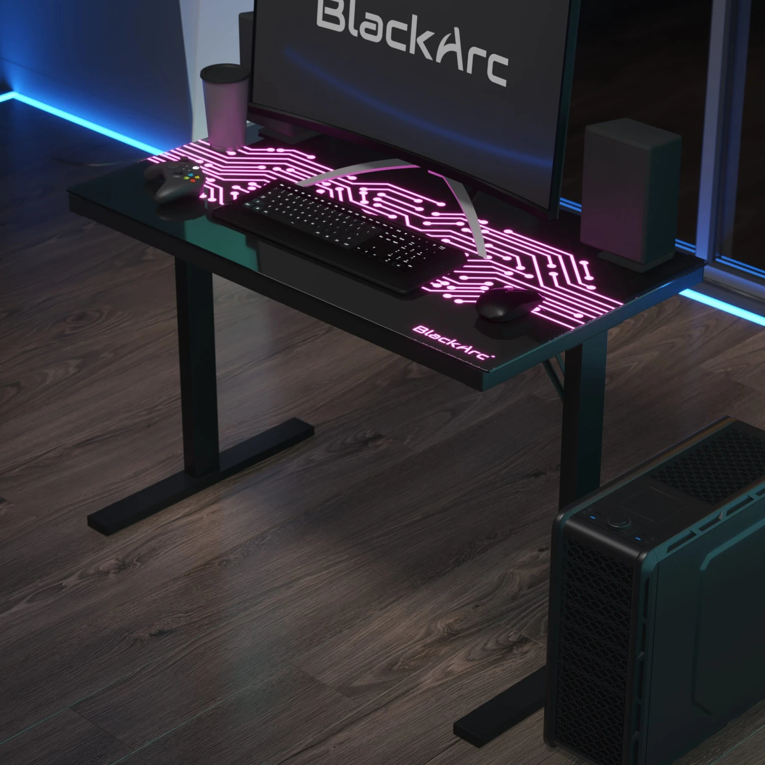 MetriX 7 Gaming Desk With Circuit Board Inspired LED Lighted Top, 43" Gaming Computer PC Desk With Remote Controlled LED Lights - Image 2