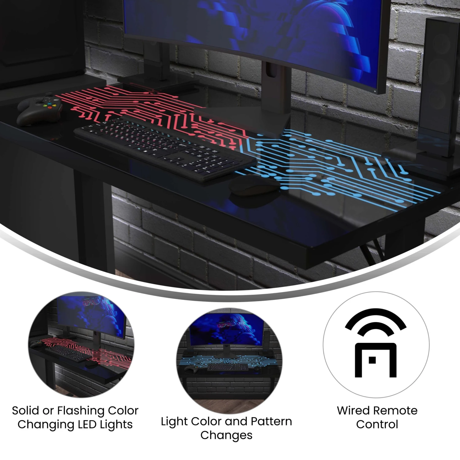 MetriX 7 Gaming Desk With Circuit Board Inspired LED Lighted Top, 43" Gaming Computer PC Desk With Remote Controlled LED Lights - Image 3