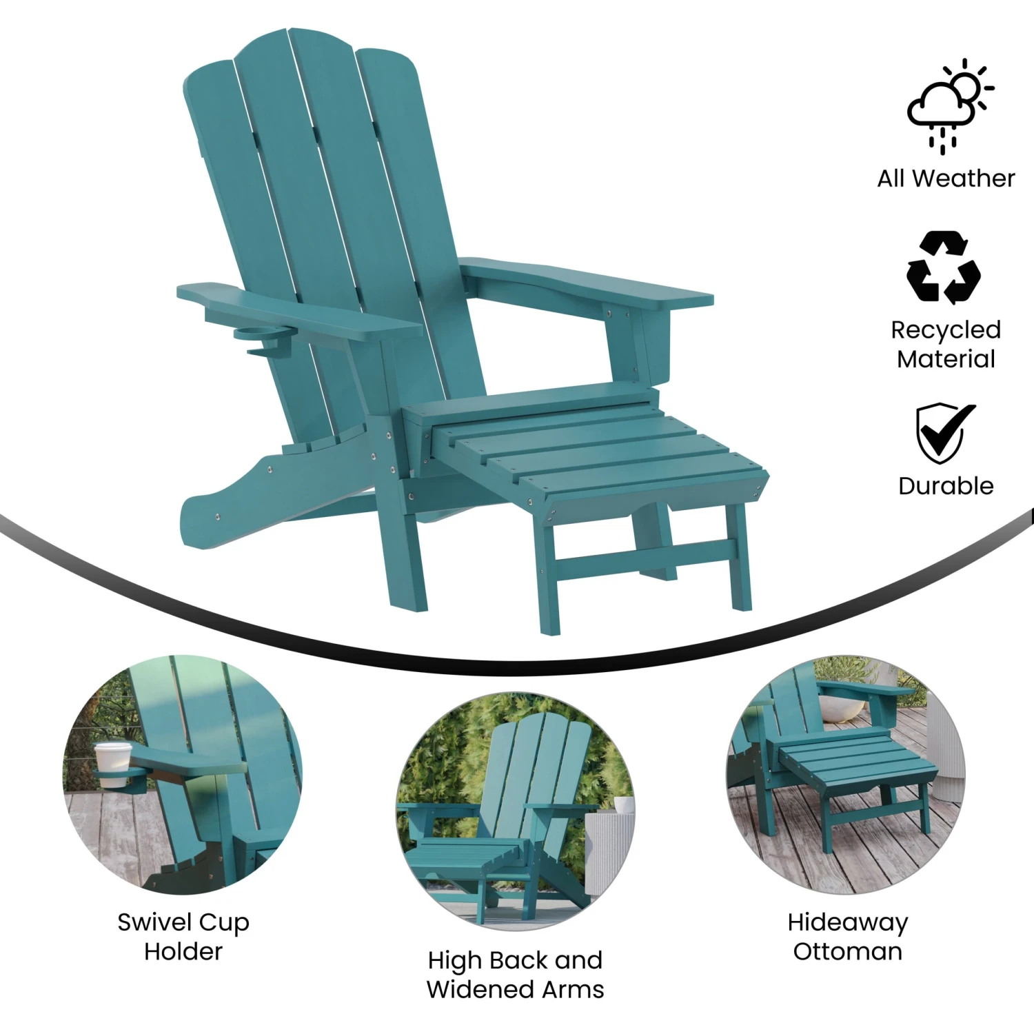 Flash Newport HDPE Adirondack Chair With Cup Holder And Pull Out Ottoman, All-Weather HDPE Indoor/Outdoor Lounge Chair - Image 16