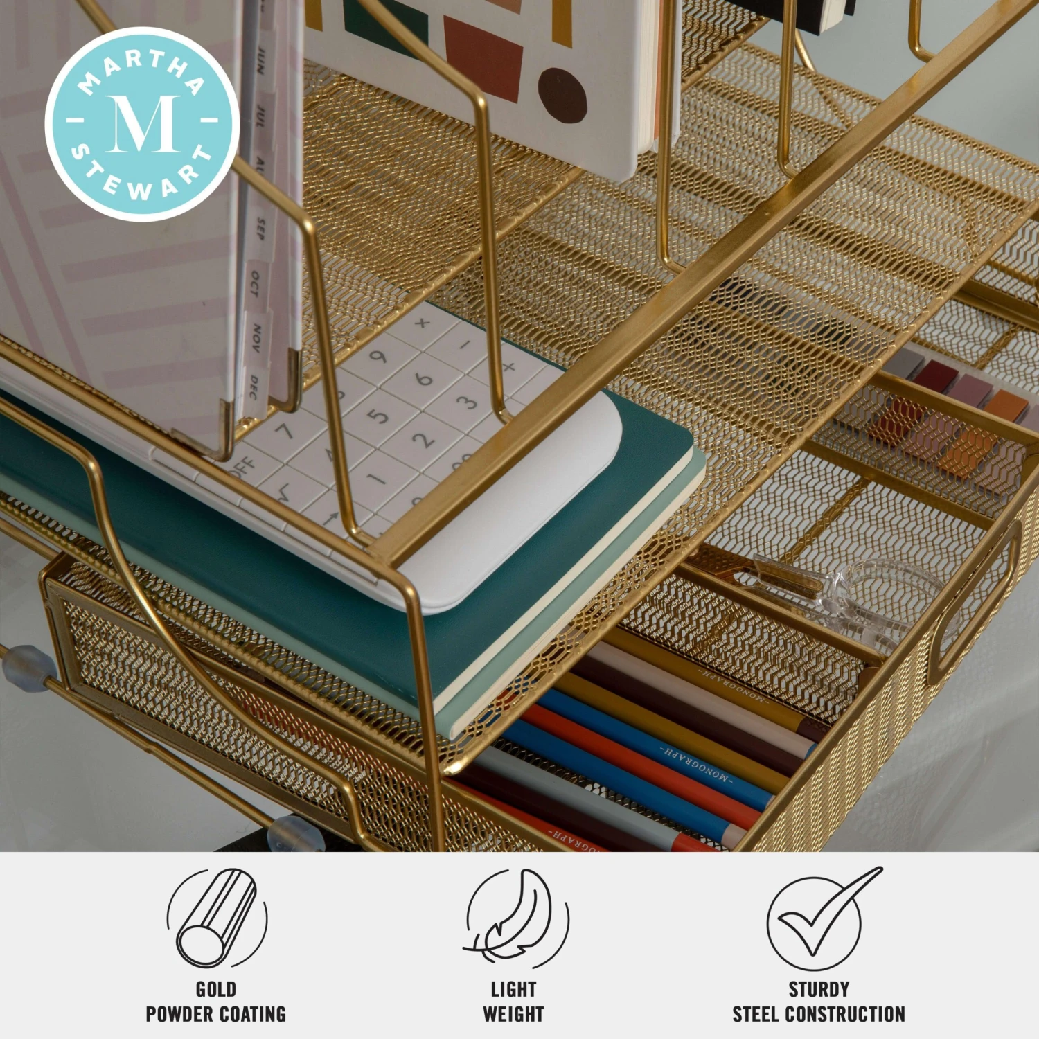 Ryder Mesh Metal Large Desktop Organizer With Paper File Letter Holder Organizer And Drawer - Image 3