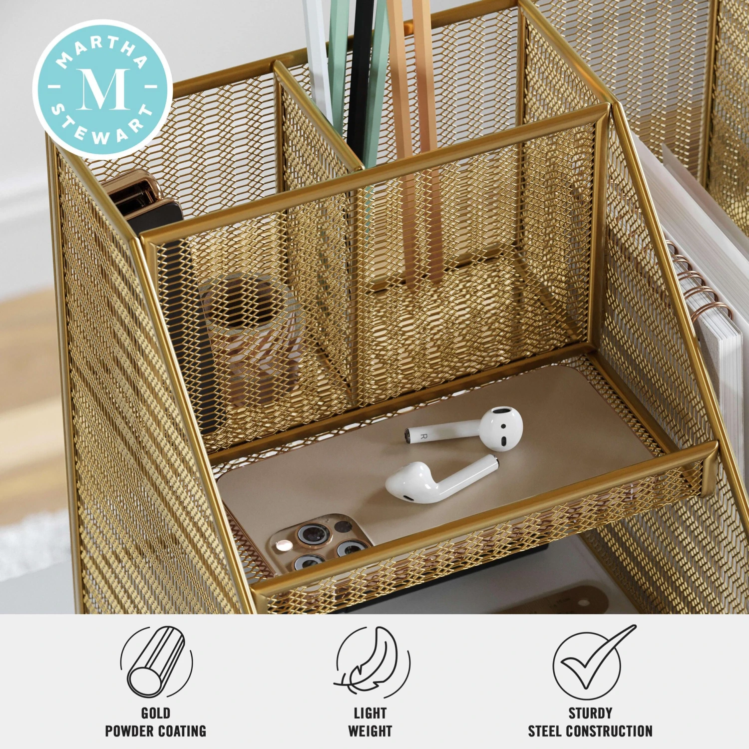 Ryder Mesh Metal Large Desktop Organizer With Magazine File Holder, Pen Holder, And Storage - Image 3