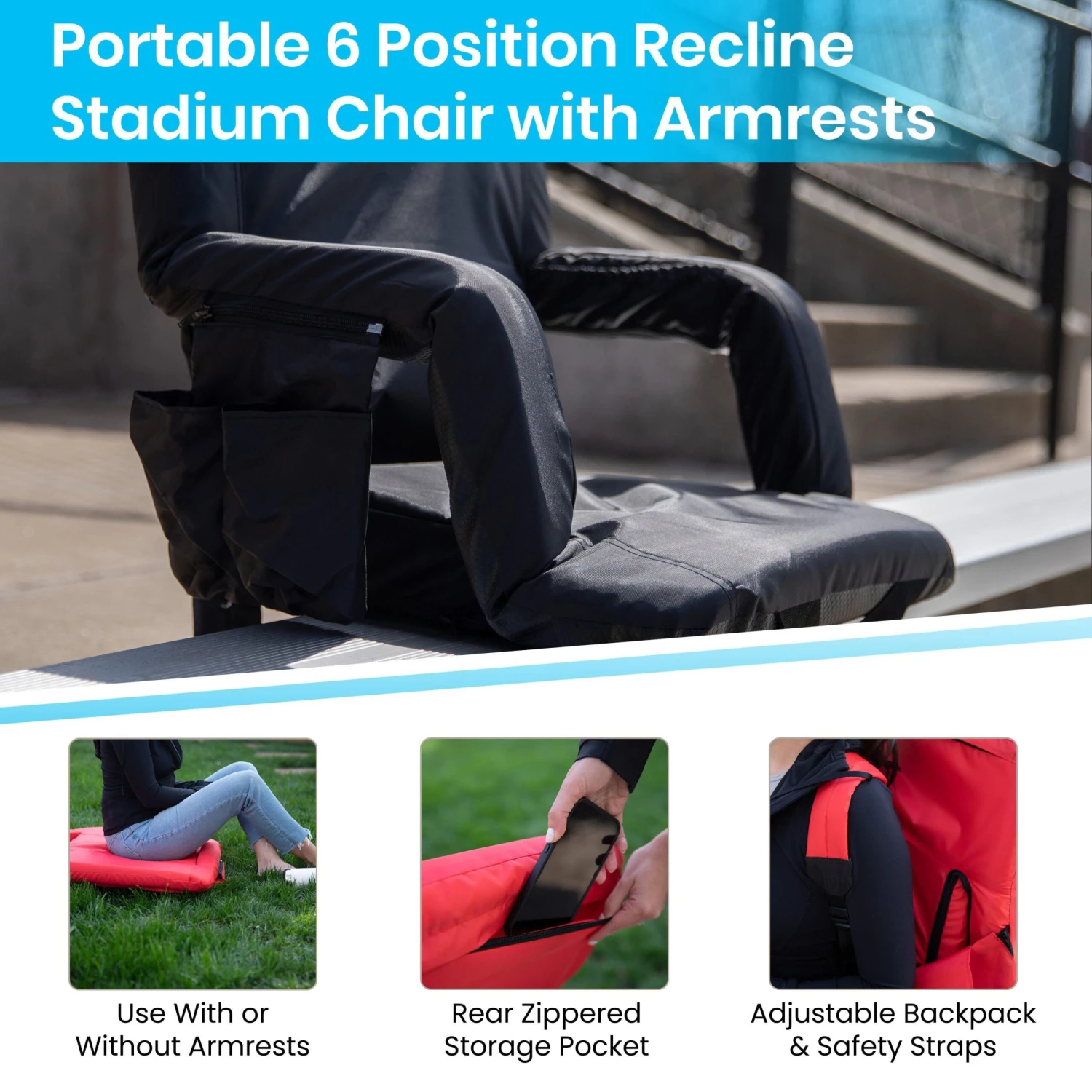 Flash Set Of 2 Portable Lightweight Reclining Stadium Chairs With Armrests, Padded Back & Seat - Storage Pockets & Backpack Straps - Image 5