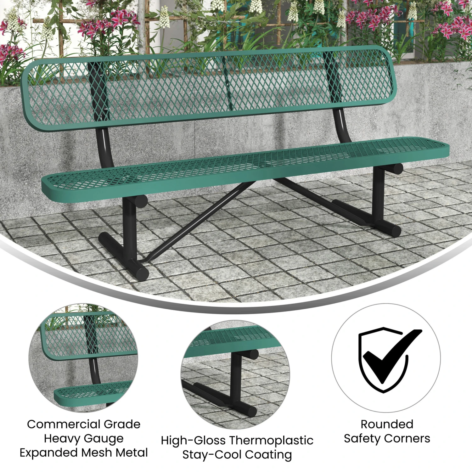 Flash Sigrid Outdoor Bench With Backrest, Commercial Grade Expanded Metal Mesh Seat And Backrest And Steel Frame With Ground Anchors - Image 19