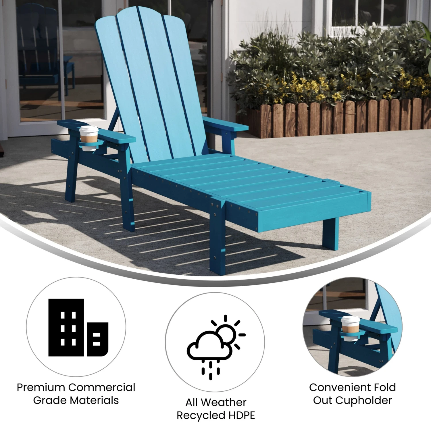 Flash Sonora Commercial Grade Adjustable Adirondack Lounger With Cupholder, All-Weather Indoor/Outdoor Recycled HDPE Lounge Chair - Image 14