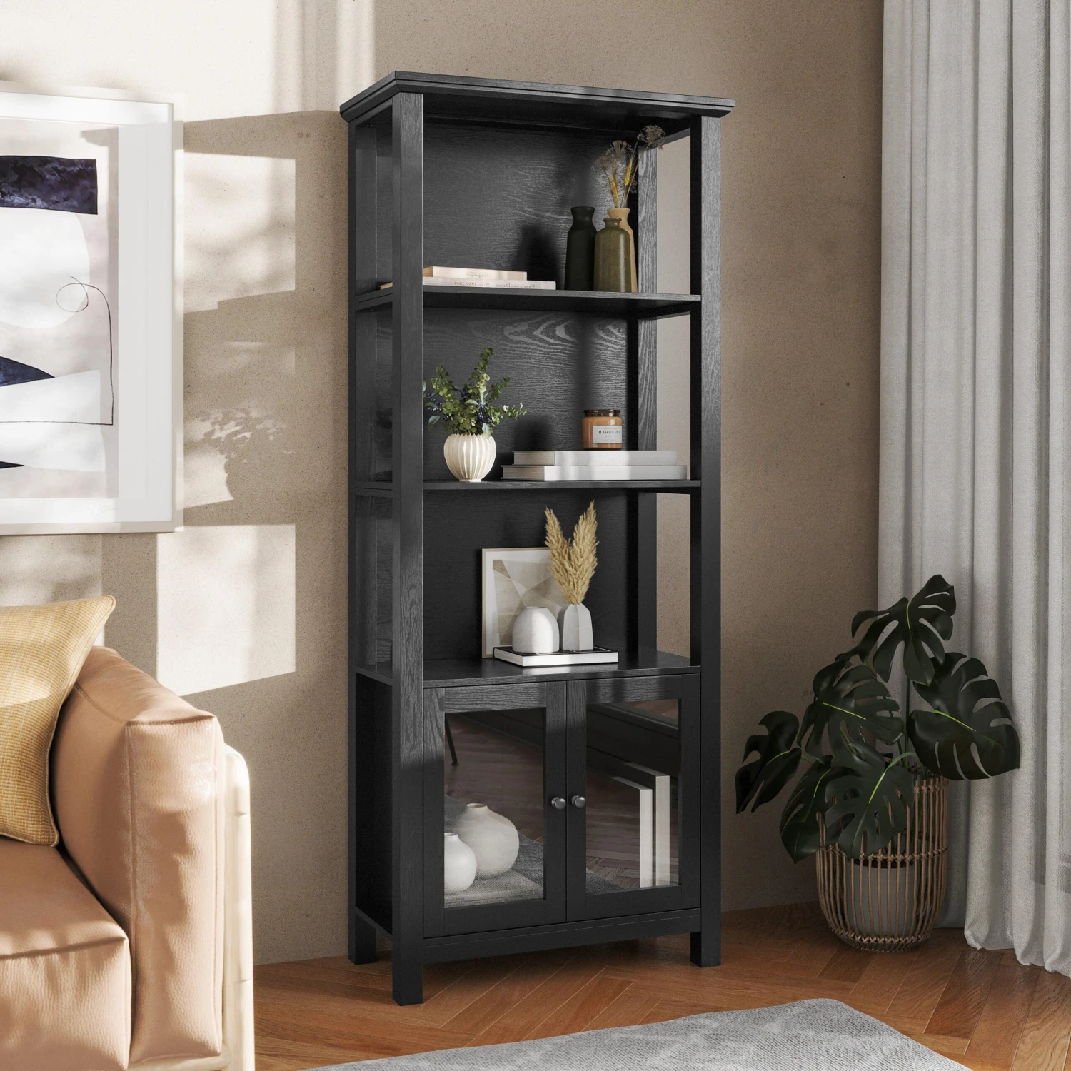 Flash Stella Modern Farmhouse Wooden Bookcase And Storage Cabinet With Tempered Glass Doors And 3 Upper Shelves - Image 2