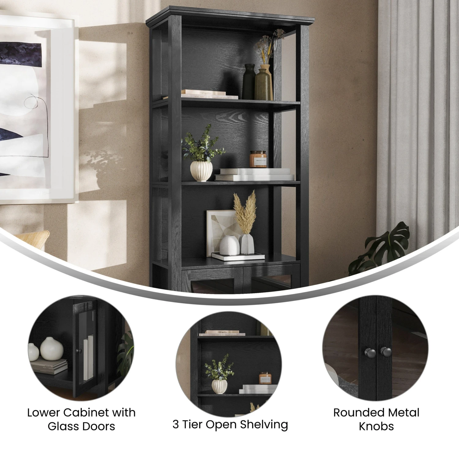 Flash Stella Modern Farmhouse Wooden Bookcase And Storage Cabinet With Tempered Glass Doors And 3 Upper Shelves - Image 4