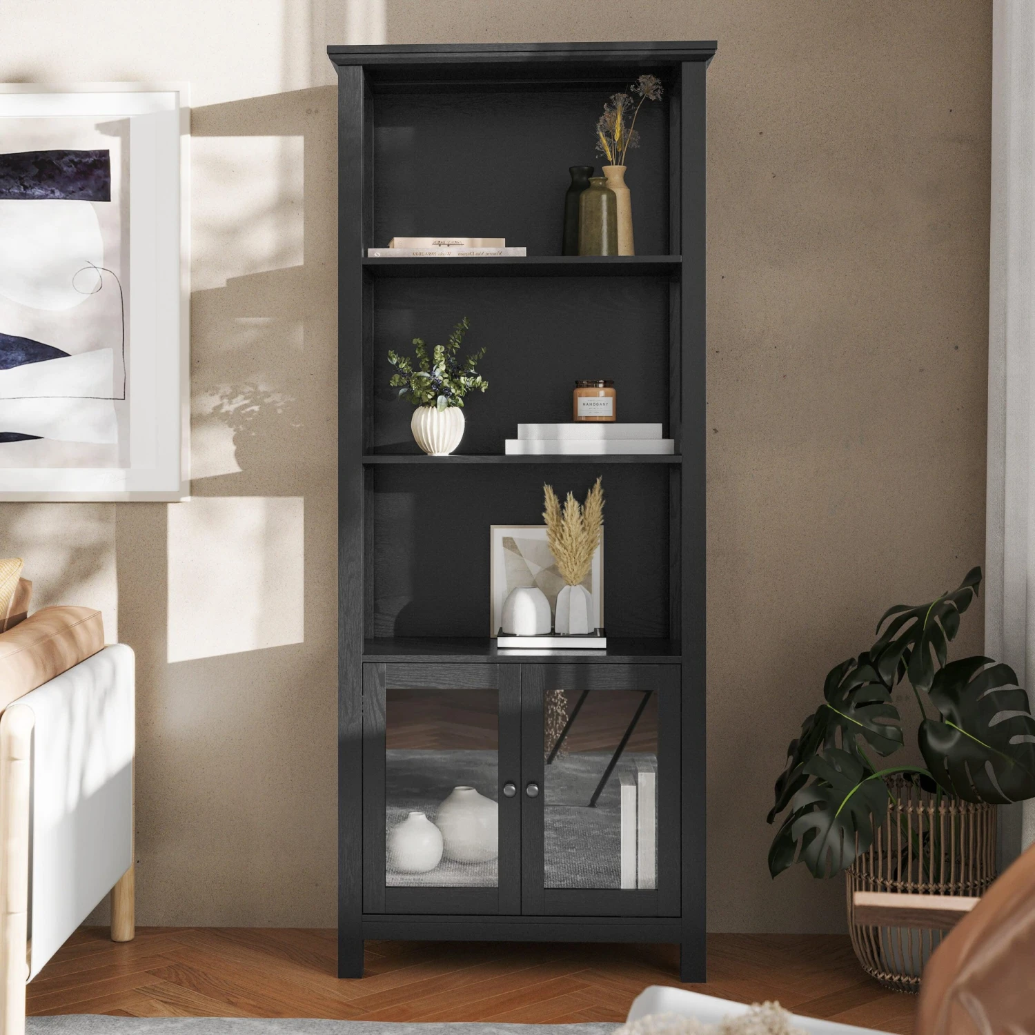 Flash Stella Modern Farmhouse Wooden Bookcase And Storage Cabinet With Tempered Glass Doors And 3 Upper Shelves - Image 6
