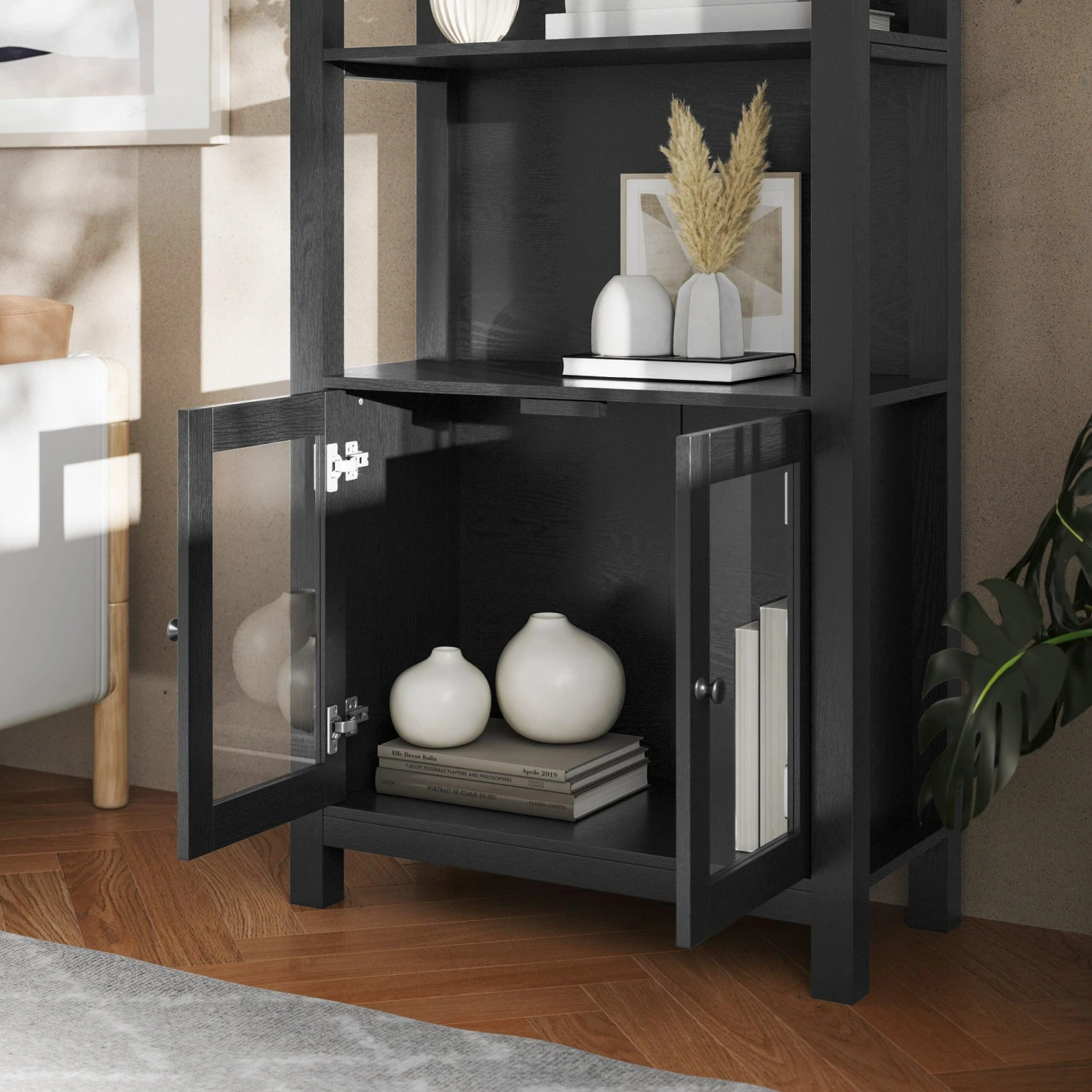 Flash Stella Modern Farmhouse Wooden Bookcase And Storage Cabinet With Tempered Glass Doors And 3 Upper Shelves - Image 7