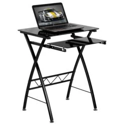 Flash Tempered Glass Computer Desk With Pull-Out Keyboard Tray