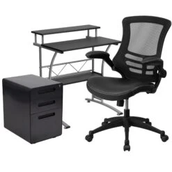 Flash Work From Home Kit - Computer Desk, Ergonomic Mesh/LeatherSoft Office Chair And Locking Mobile Filing Cabinet