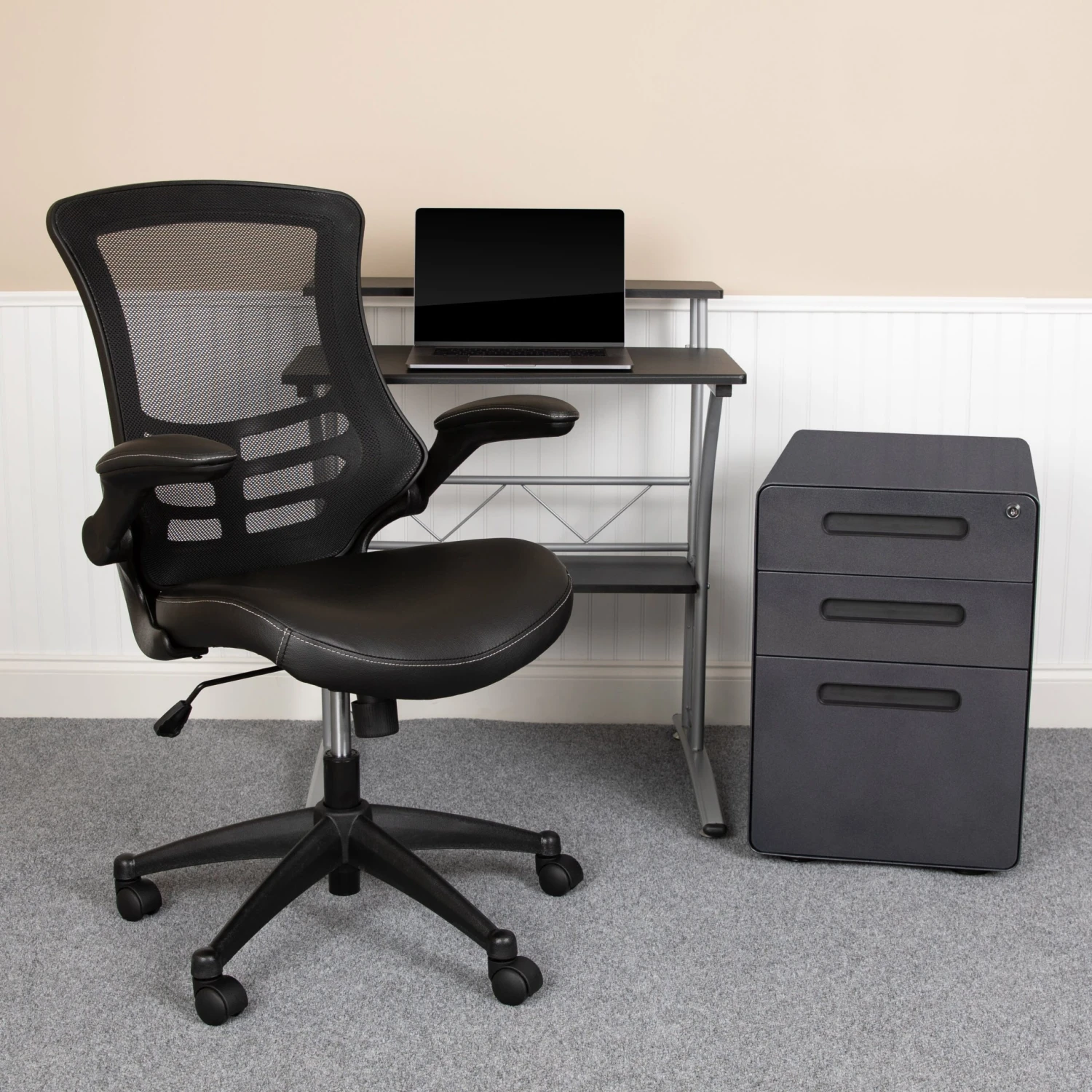 Flash Work From Home Kit - Computer Desk, Ergonomic Mesh/LeatherSoft Office Chair And Locking Mobile Filing Cabinet - Image 2