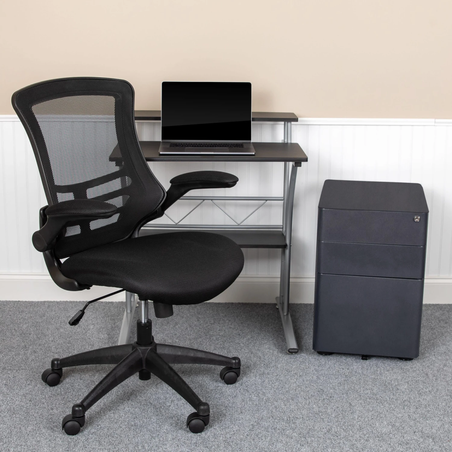 Flash Work From Home Kit - Computer Desk, Ergonomic Mesh Office Chair And Locking Mobile Filing Cabinet With Side Handles - Image 2