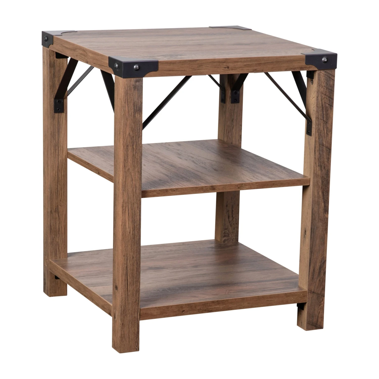 Flash Wyatt Modern Farmhouse Wooden 3 Tier End Table With Metal Corner Accents And Cross Bracing