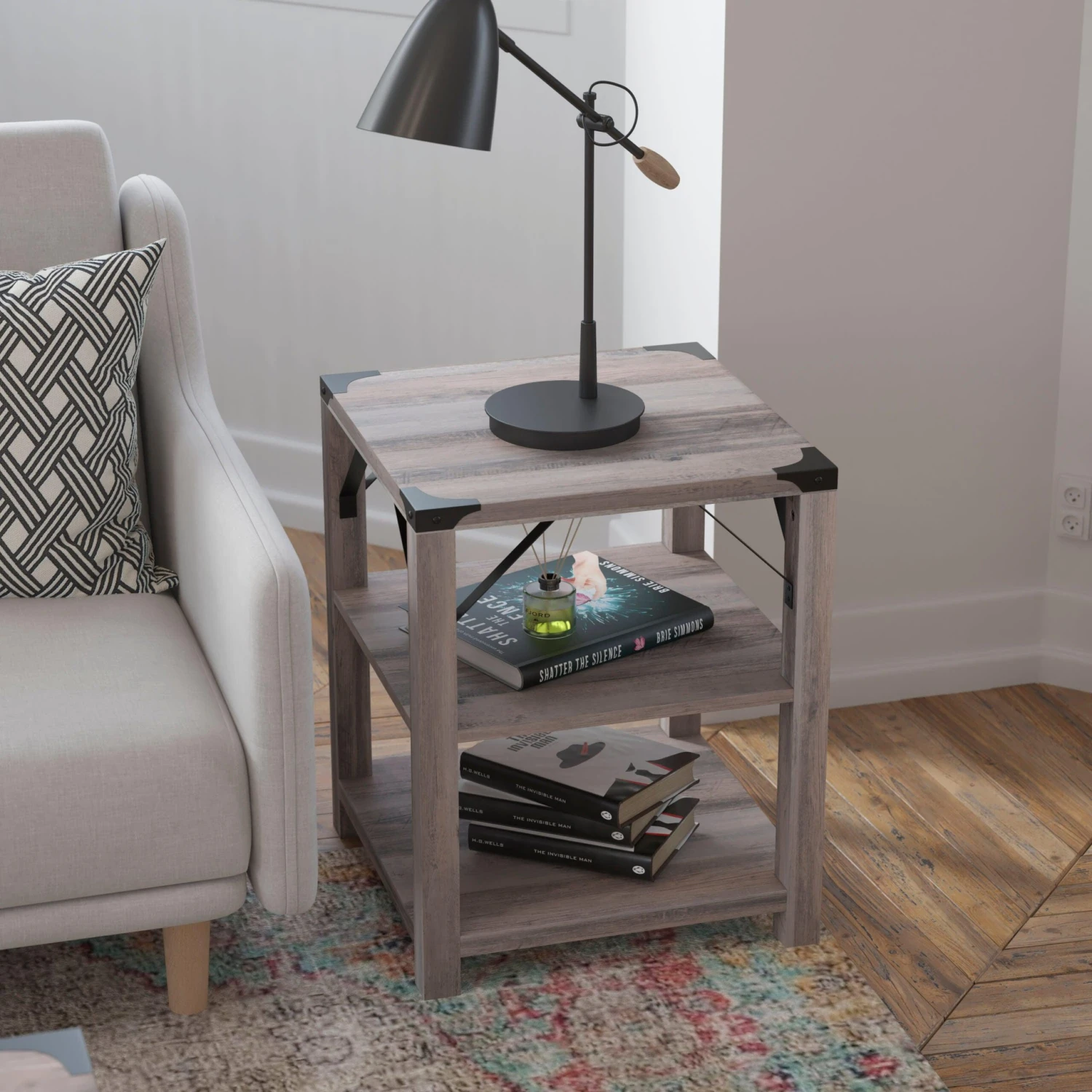 Flash Wyatt Modern Farmhouse Wooden 3 Tier End Table With Metal Corner Accents And Cross Bracing - Image 17