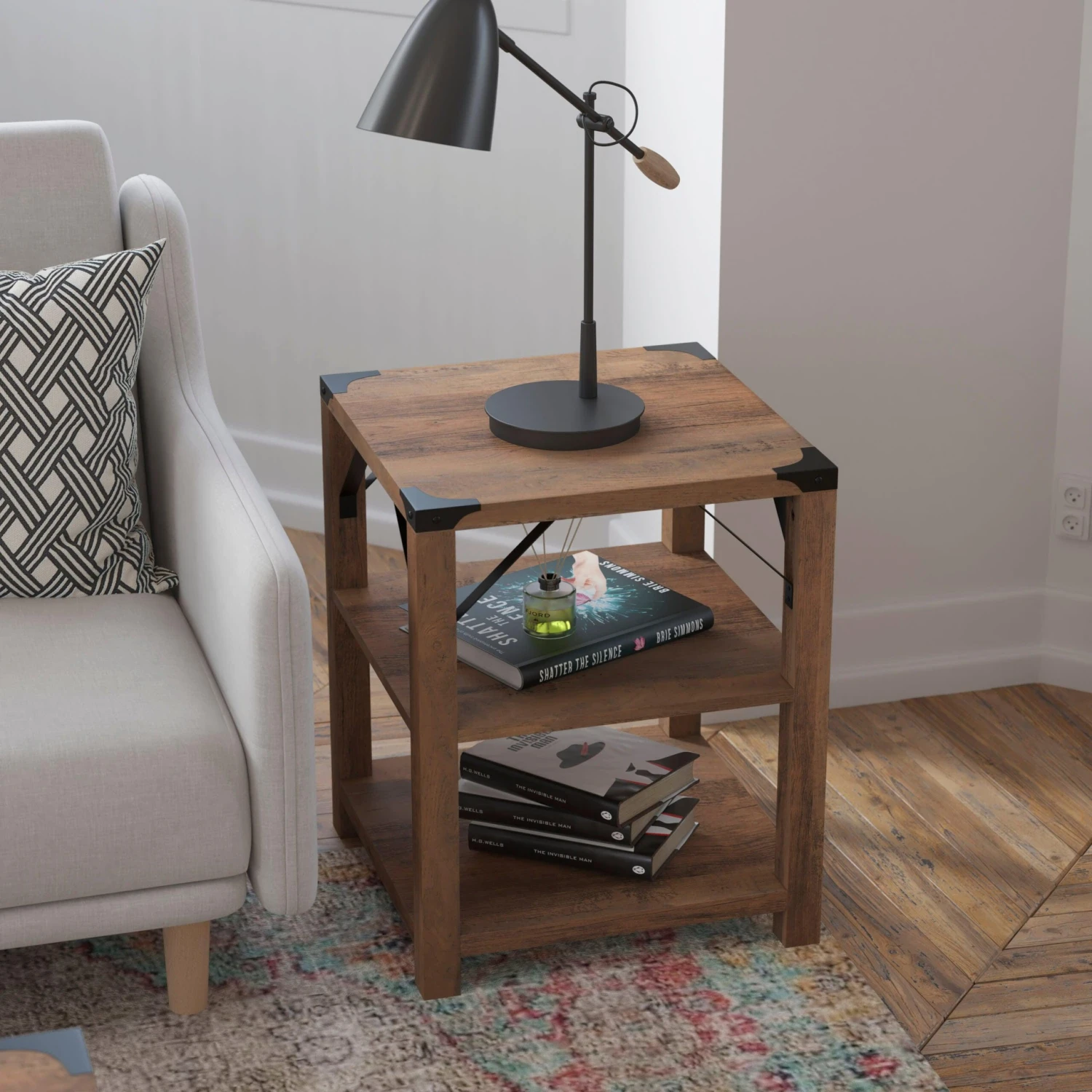 Flash Wyatt Modern Farmhouse Wooden 3 Tier End Table With Metal Corner Accents And Cross Bracing - Image 6