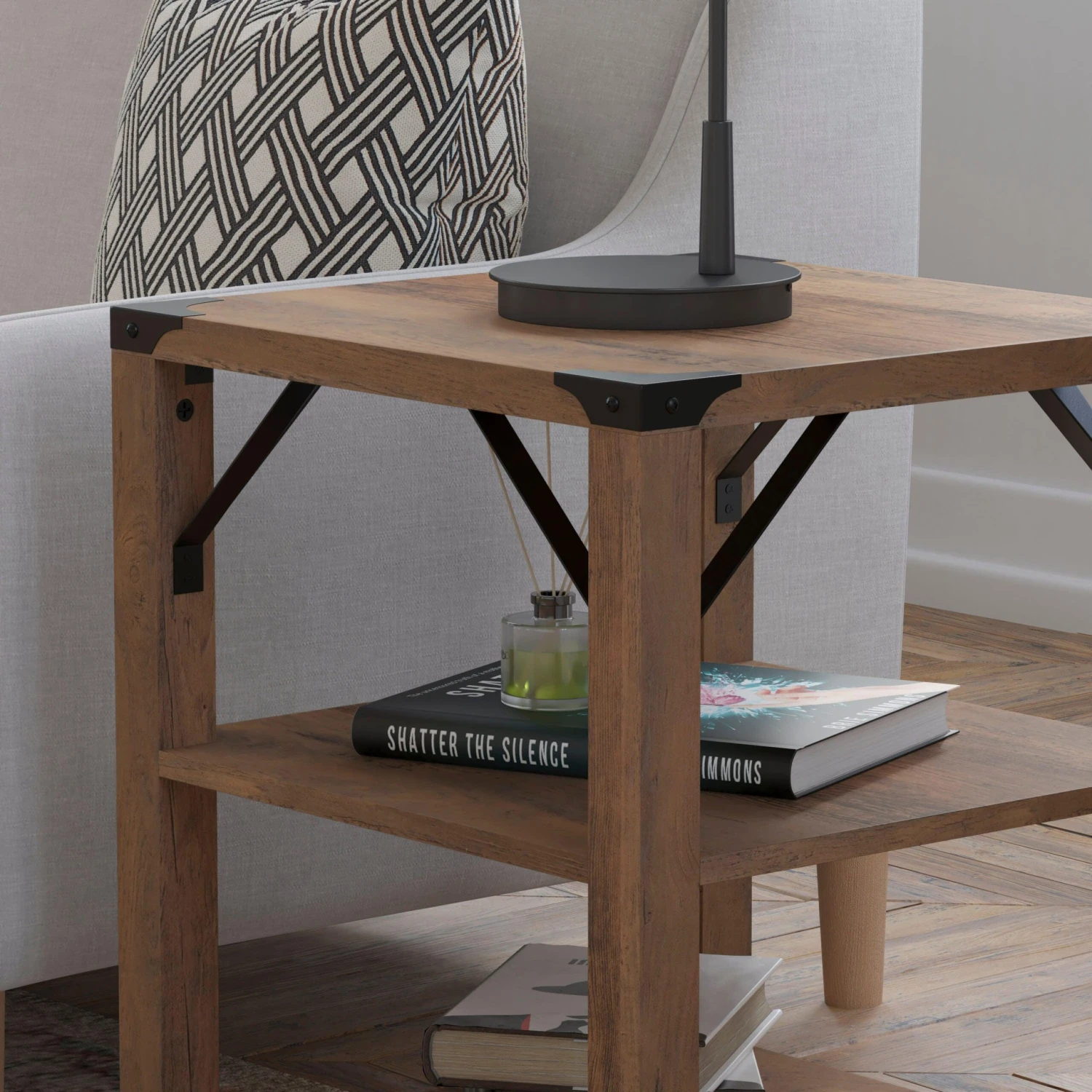 Flash Wyatt Modern Farmhouse Wooden 3 Tier End Table With Metal Corner Accents And Cross Bracing - Image 7